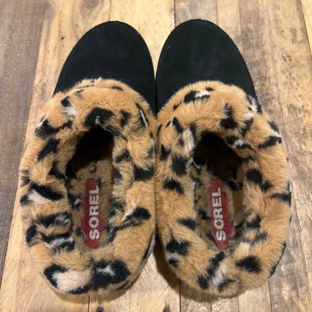 Sorel Leopard Faux Fur Slip-On Slippers | Women’s 8 | Cozy Coffee Run Shoes $100 - Picture 4 of 5